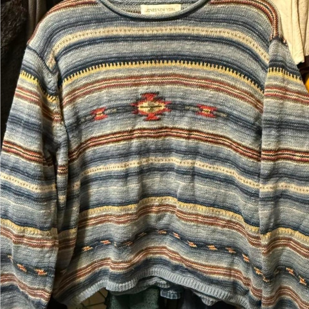 Jones New York Blue and Gray Crewneck Sweater with Geometric Pattern